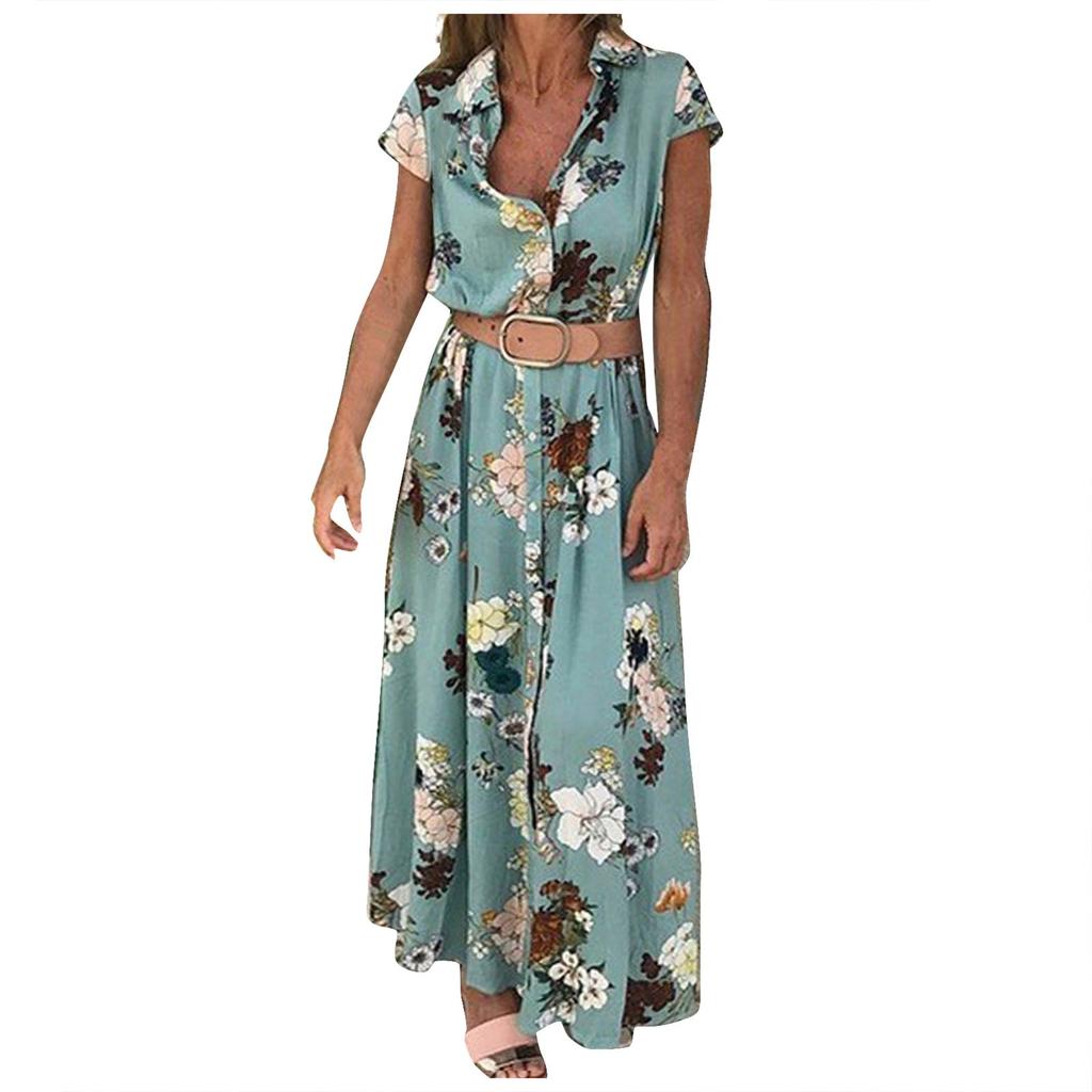 Women's Bohemian Retro Ethnic Printed Resort  V-neck Tie Button Long Dress