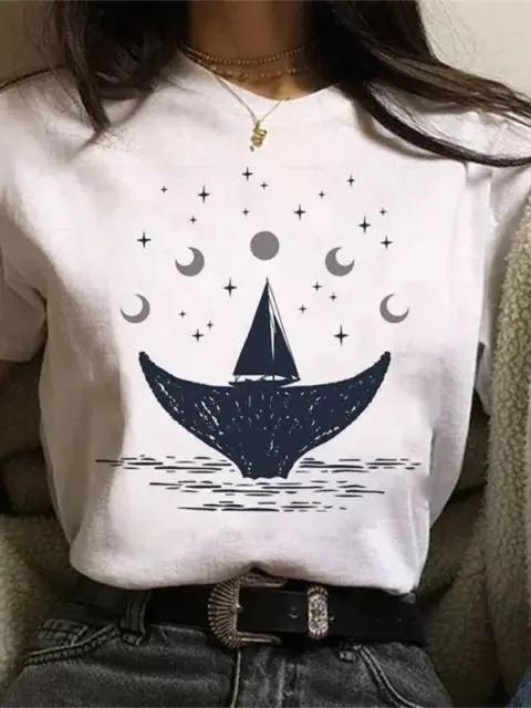 Maycaur Newest Funny Moon Print T Shirt Women White and Black Shirts Fashion Round Neck Short Sleeve T-Shirt Summer Tees Casual Top