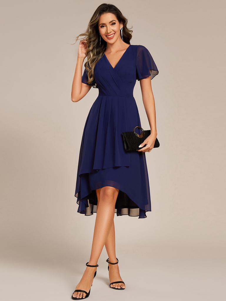 Ever-Pretty Women's Short Sleeve V-Neck Ruffled Floral Asymmetrical Midi Wedding Guest Dress