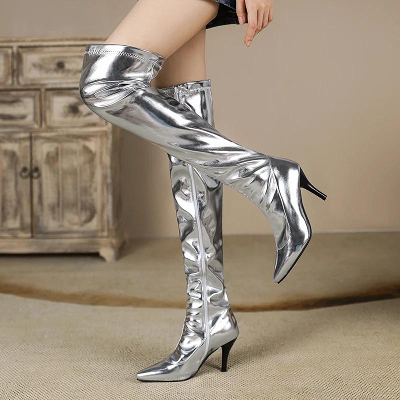 Sexy Silver Gold Metallic PU Over the Knee Boots Women High Spike Heel Club Show Party Lady Winter Plush Zipper Thigh High Boots