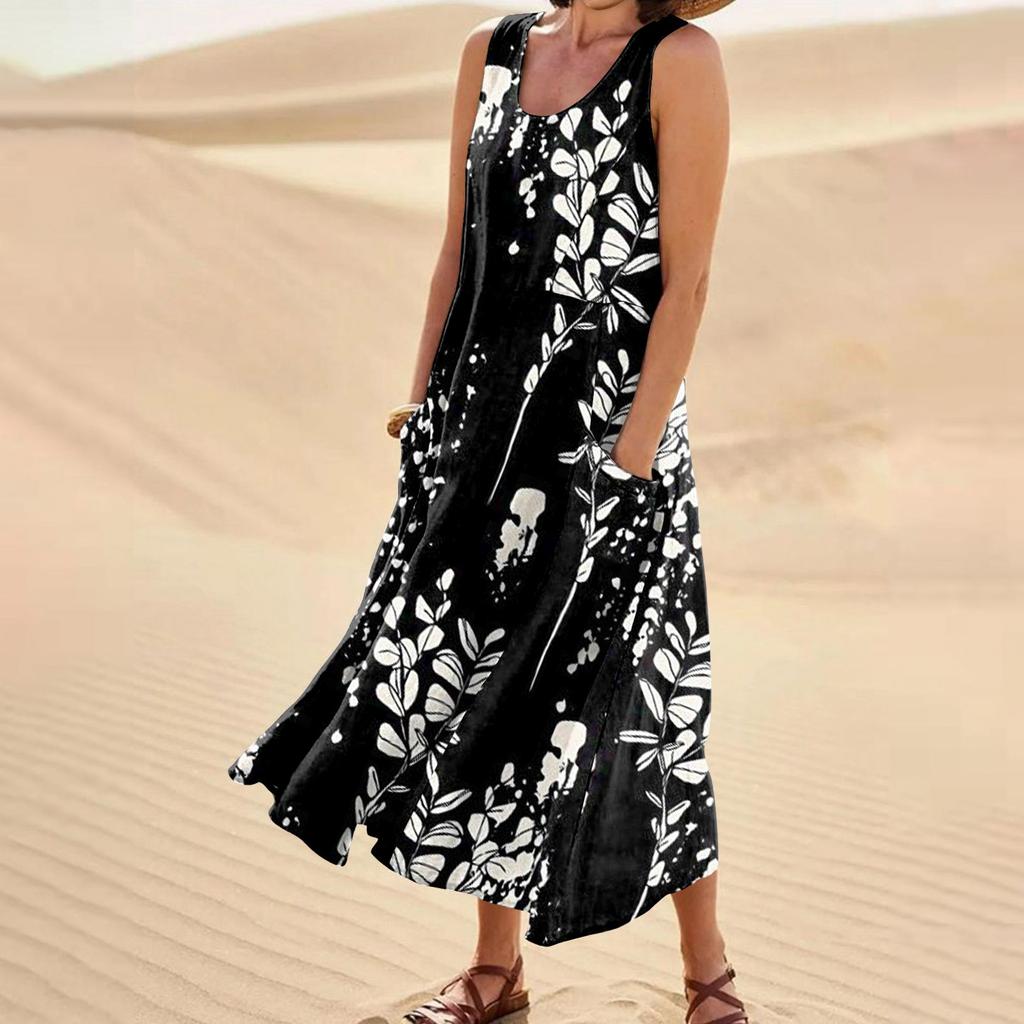 Women's Fashion Casual Colour Sleeveless Cotton Linen Pocket Dress