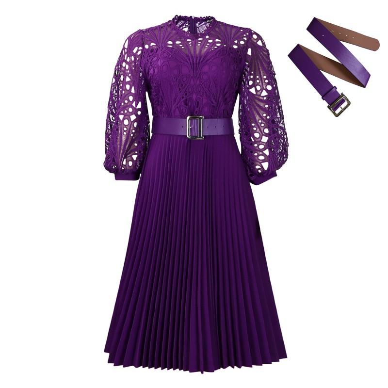 European American Women's Clothing New Style Temperament Solid Color Lace Hook Pattern Hollow Pleated Dress