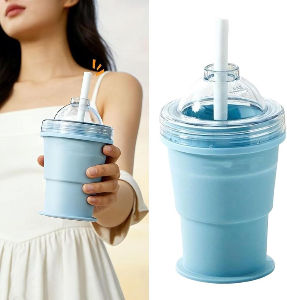 Portable Folding Ice Ball Cup 2 in 1 Silicone Ice Ball Maker Cup with Leak-resistant Lid & Straw for Travel Camping Cocktails