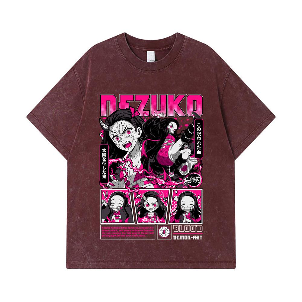 275 GSM Washed T-shirts 100% Cotton Demon Slayer V56 Nezuko Print Unisex Heavy Cotton T Shirt