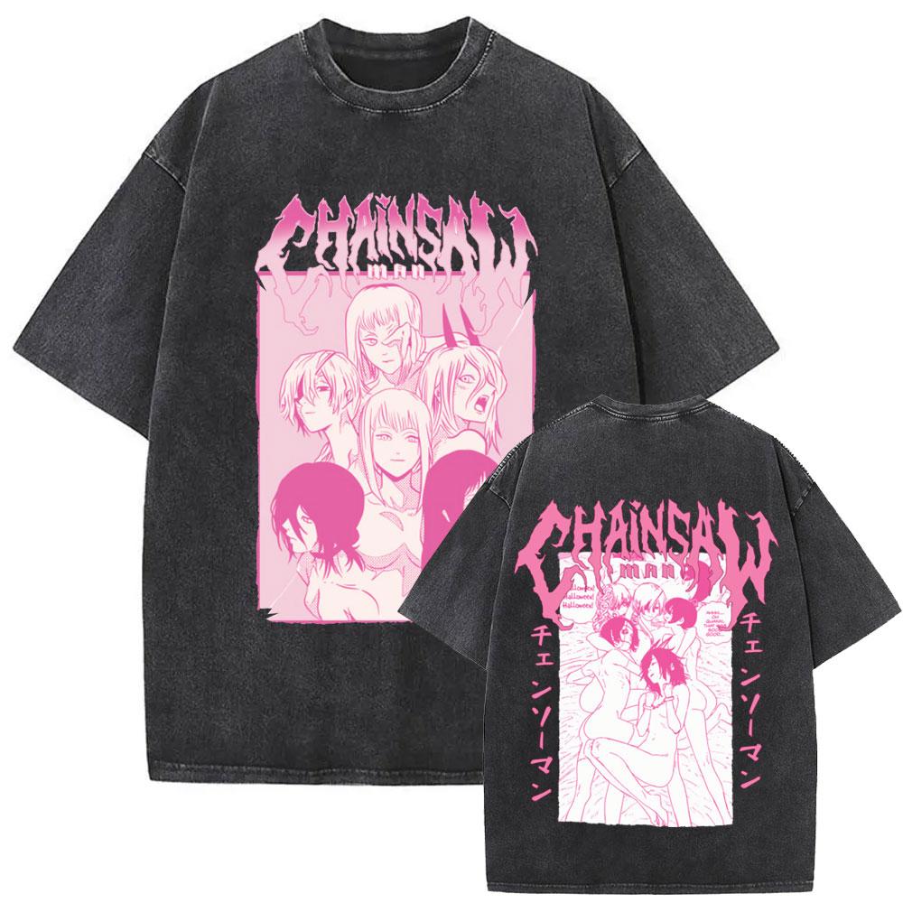 New Washed Vintage Anime Chainsaw Man Himeno Graphic Tshirt Men Women Casual Cotton Retro T Shirts Mens Cartoon Tshirts