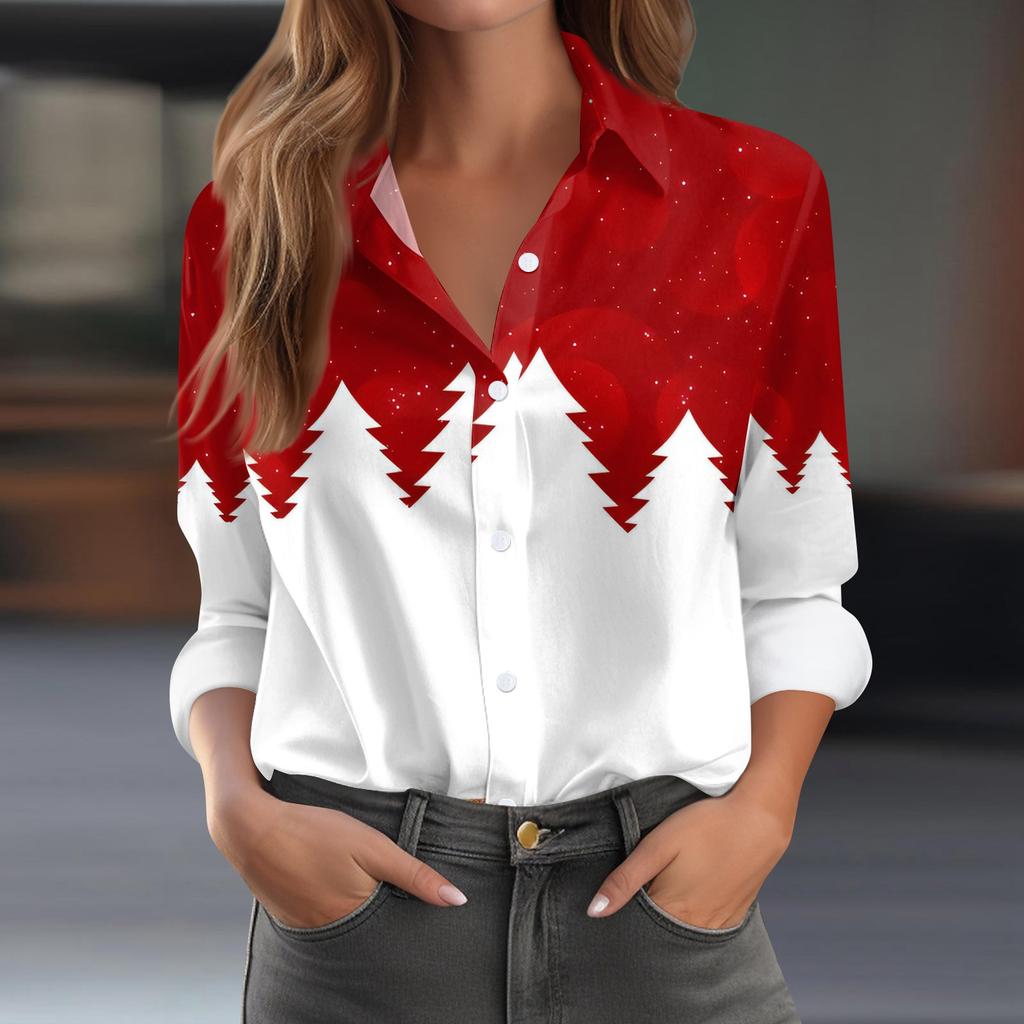 Skjortebluse for kvinner Juletrykkknapp Langermet Casual Basic skjortekrage Vanlig topp