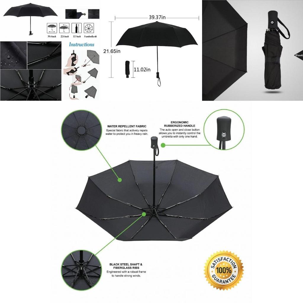 Elegantes schwarzes Kompakt-Regenschirm mit 10 Speichen und automatischer Öffnungs- und Schließfunktion