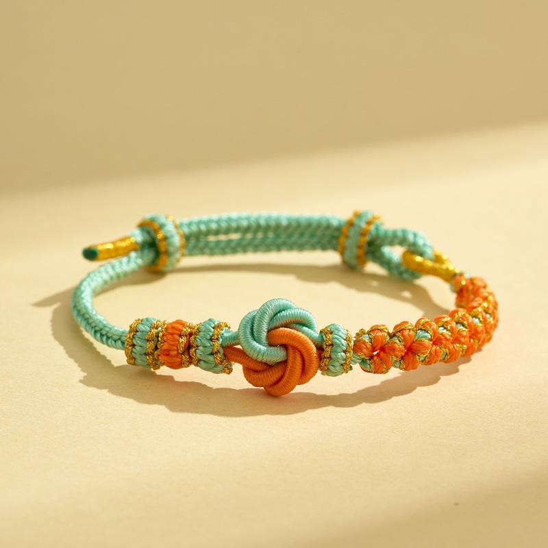 Handmade Peach Blossom Mandala Knot Bracelet: Five-Color Rope, Adjustable for Men & Women, DIY Bead Stringing, Gold & Red