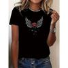 European Size Angel Wing Rose Graphic Women's Fashion Casual Sporty T-Shirt with Crew Neck, Polyester Blend