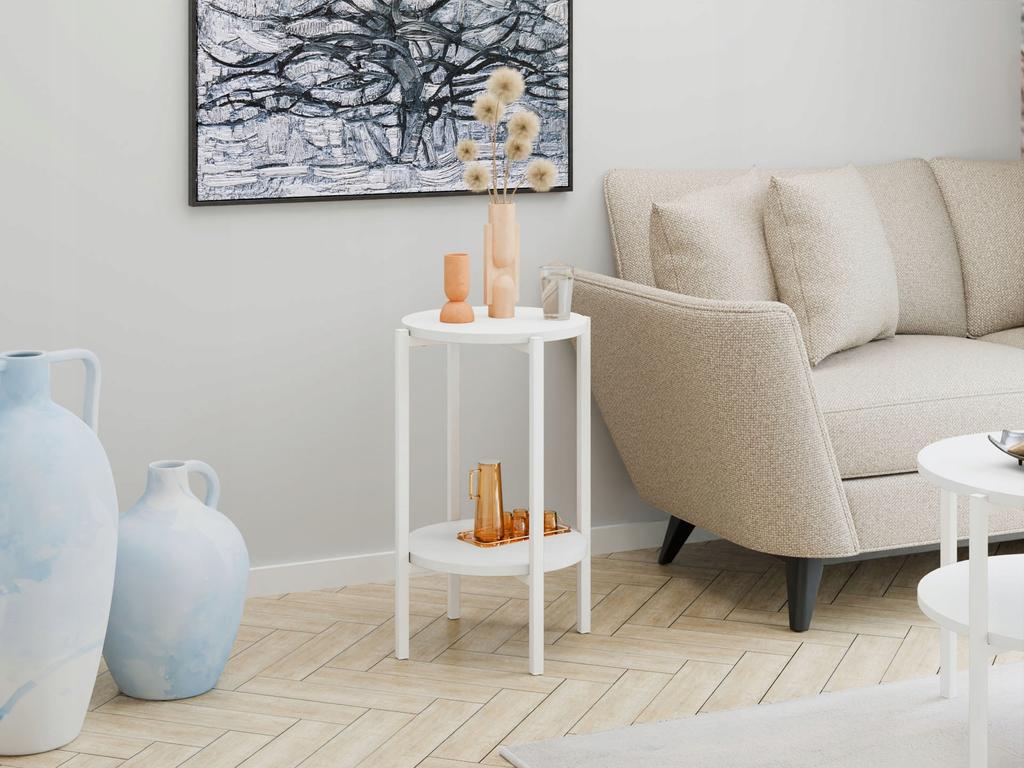 Stolik Pomocniczy Okrągły Loft Z Półką 35X35X62 Cm Metalowy Biały