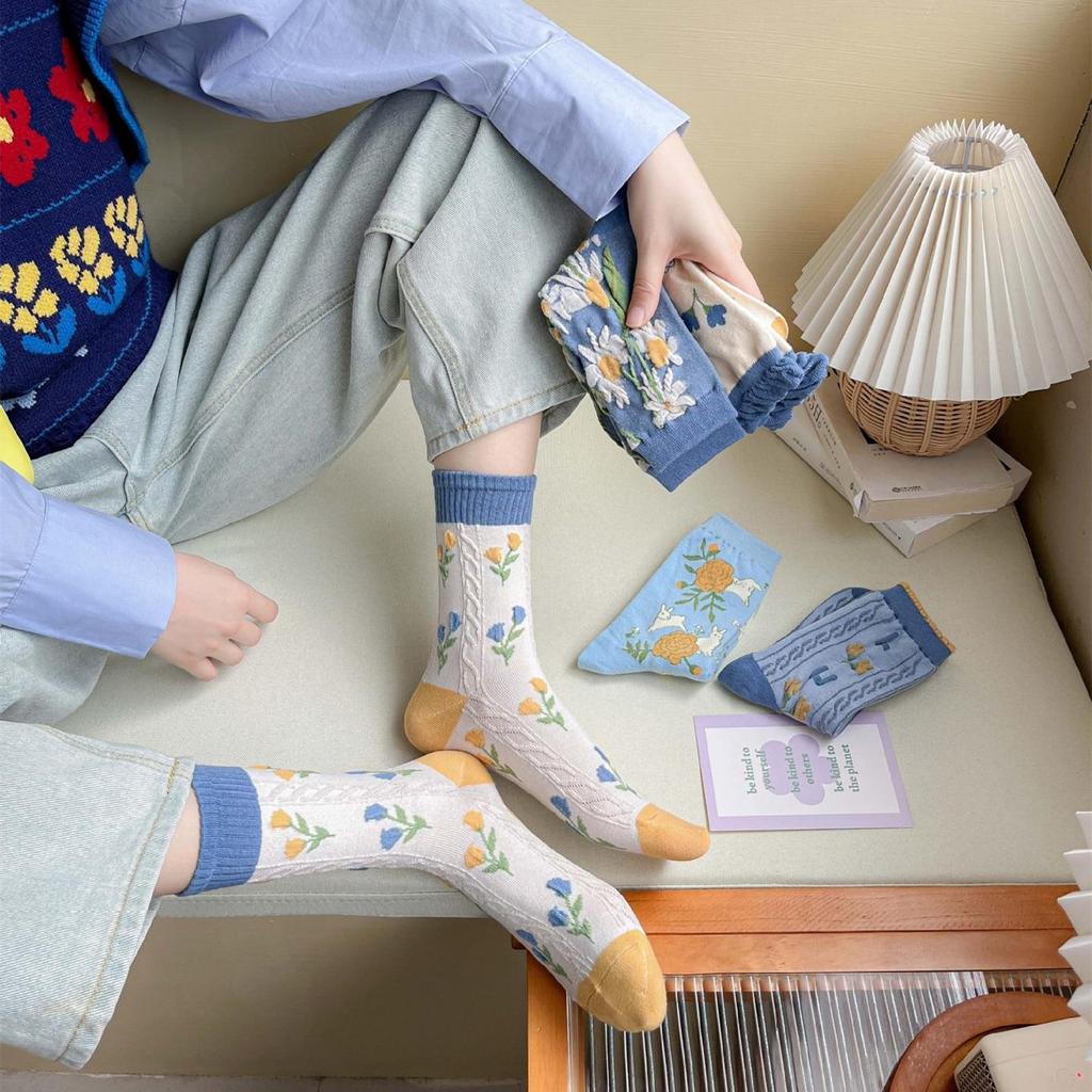 Blue Socks Flower Print Vintage Long Socks Women Japanese Fashion Harajuku Retro Streetwear Sweet Girls Kawaii Cute Crew Socks