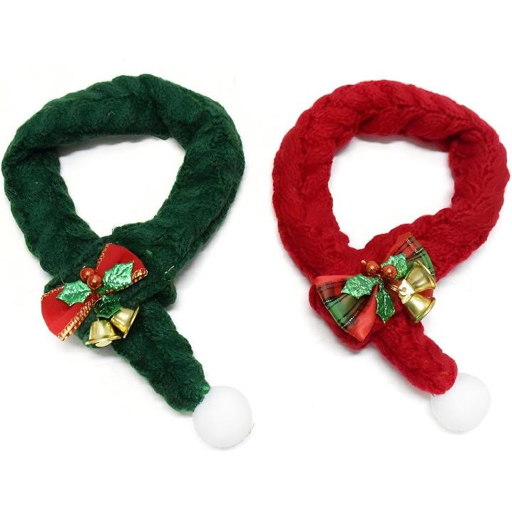 Christmas Pet Scarf with Bell and Bow, 17.7 Inch Long, Adjustable, Red and Green Christmas Neck Wrap for Cats and Dogs, Festive Holiday Bandana for