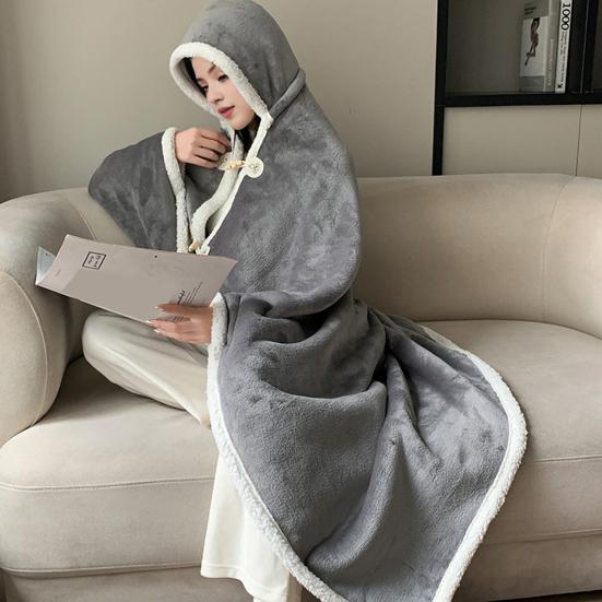 Cape Blanket Plush Hooded Cape with Button Fastening Double-Sided Warmth White Trim Blanket Cape Office Nap Comfort Throw Blanket