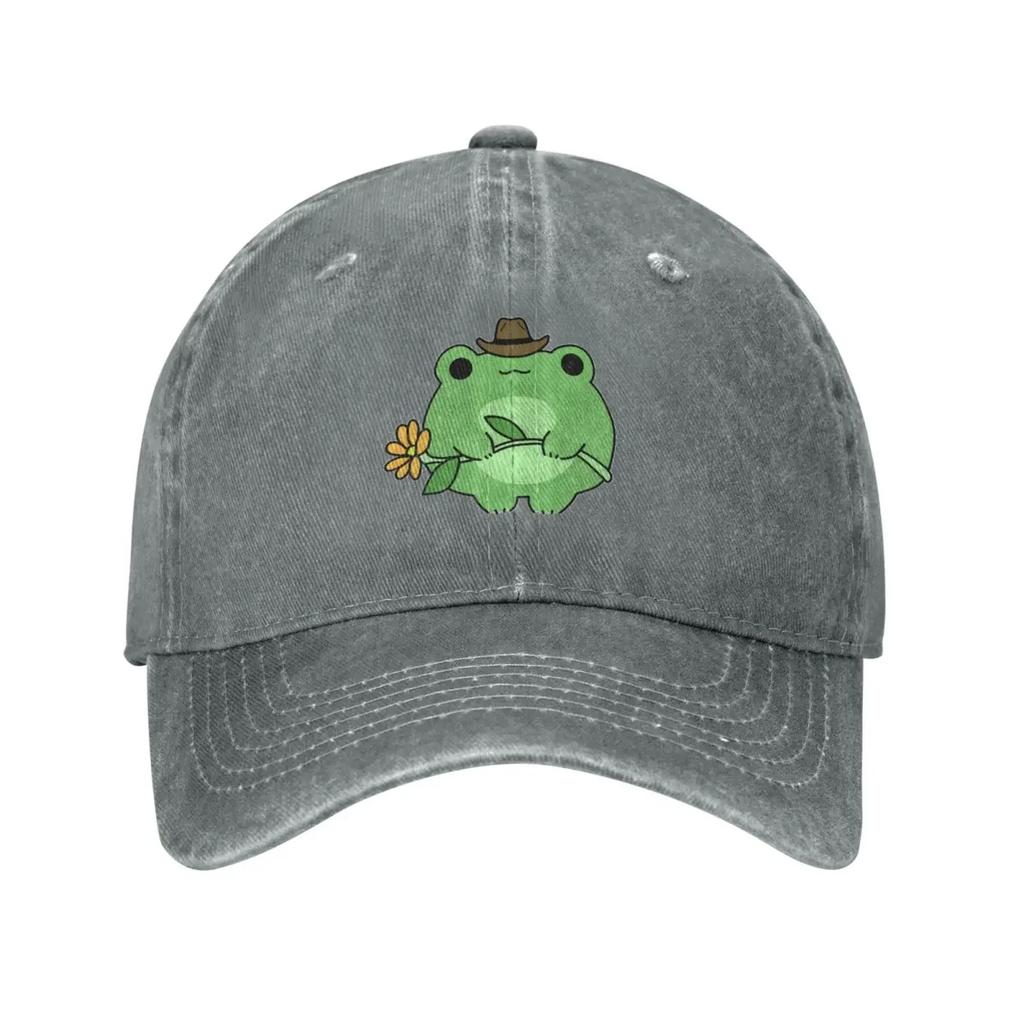 Cute Frog Flower Adjustable Washed Denim Cotton Low Profile Man Dad Trucker Hat Fitted Baseball Ball Cap for Men Unisex Headwear