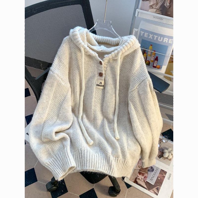 Korean Style Ice Silk Drawstring Hooded Sweater for Women - Autumn/Winter Knit Top 2025
