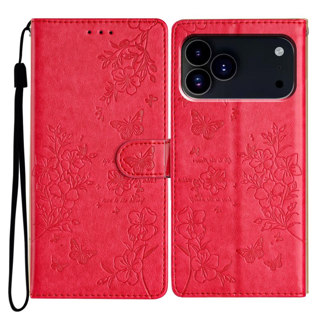 For iPhone 17 Pro Max Wallet Phone Case Butterfly Floral Imprint Leather Flip Cover with Strap