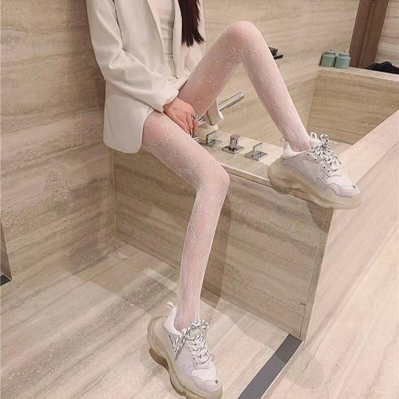 Hollow Lace Mesh Stockings with Bottom Pantyhose Lolita Retro Floral Vine White Black Stockings for Women