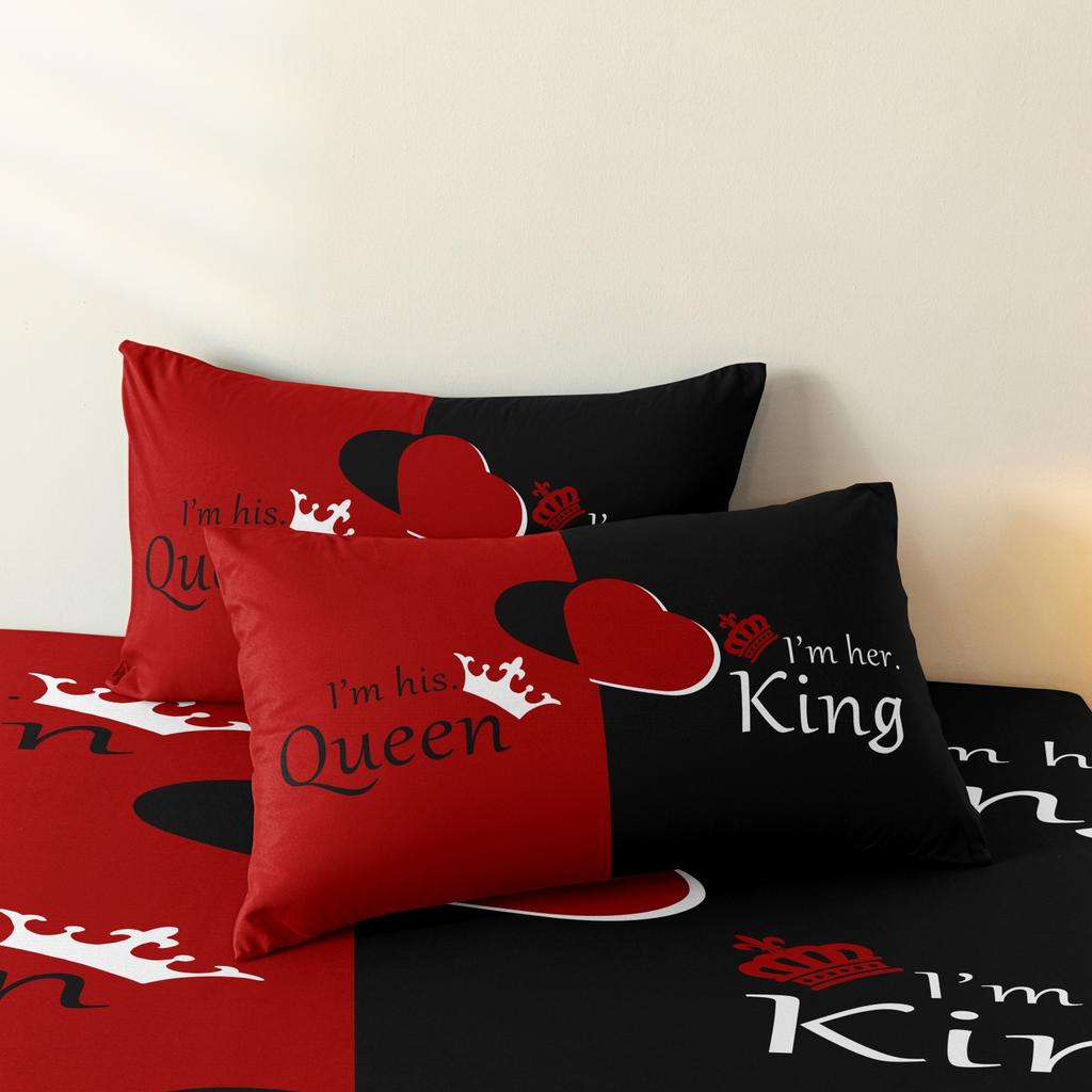 Dunkelrotes und schwarzes dreiteiliges Bettwäscheset in Queen- und King-Size mit aufgedruckten englischen Buchstaben auf dem Bettbezug