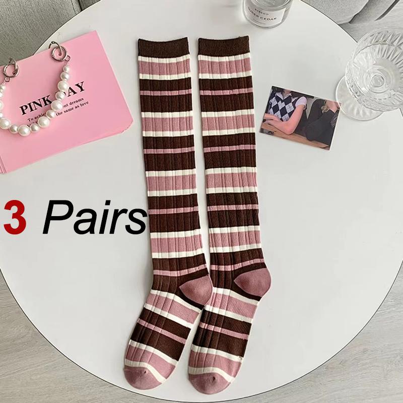 3 Pairs Women Pink Striped Knee High Socks Fashionable College Style Soft Comfortable Sweat Absorbing Breathable Casual Socks