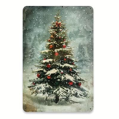 Vintage Christmas Tree Metal Tin Sign Wall Art Decor, Winter Holiday Gallery Living Room Bathroom Coffee Shop Garage Iron Foil E