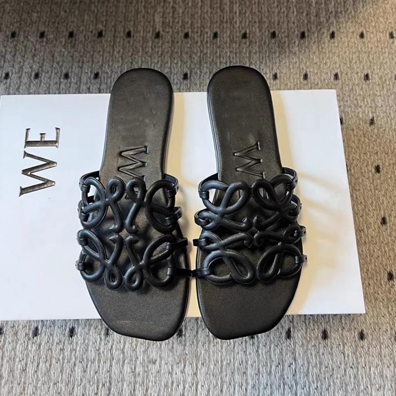 Sheepskin version~ Square head open-toed hollow-out one-word drag, leather versatile slippers, simple sandals, lazy beach shoes