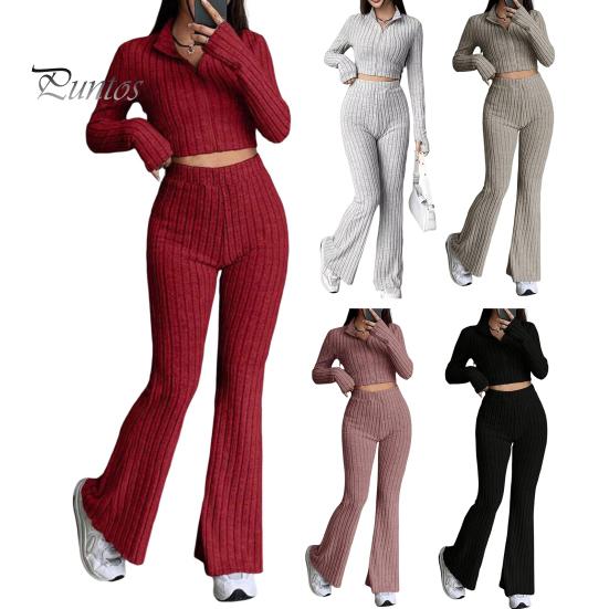 2 Pcs/Set Women Spring Commuting Outfit Top Flared Pants Set Zipper Closure Thread Stand Collar Coat High Waist Sport Tracksuit Elastic Daily Clothes