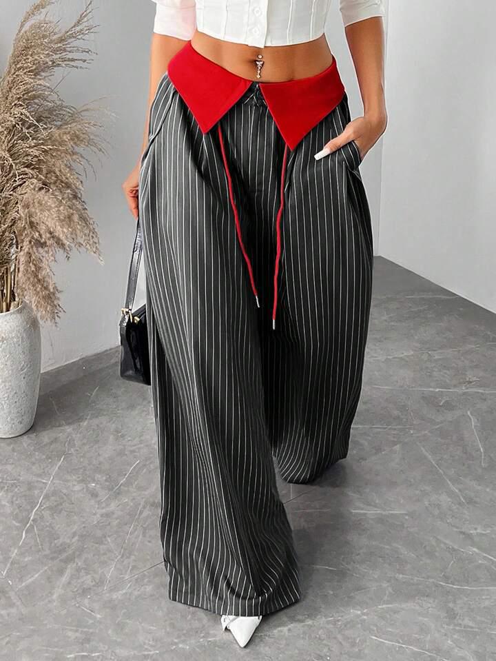 Women's Retro Pinstripe Wide-Leg Patchwork Color Block Floor-Length Pants