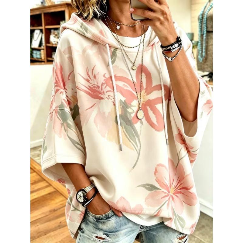 Kadın Plus-Size Kapüşonlu Sweatshirt, Zarif Rahat Sade Desen Baskılı, Modaya Uygun ve Çok Yönlü