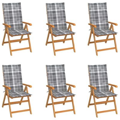 Vidaxl Garden Chairs, 6 Pcs, With Grey Checkered Cushions, Teak