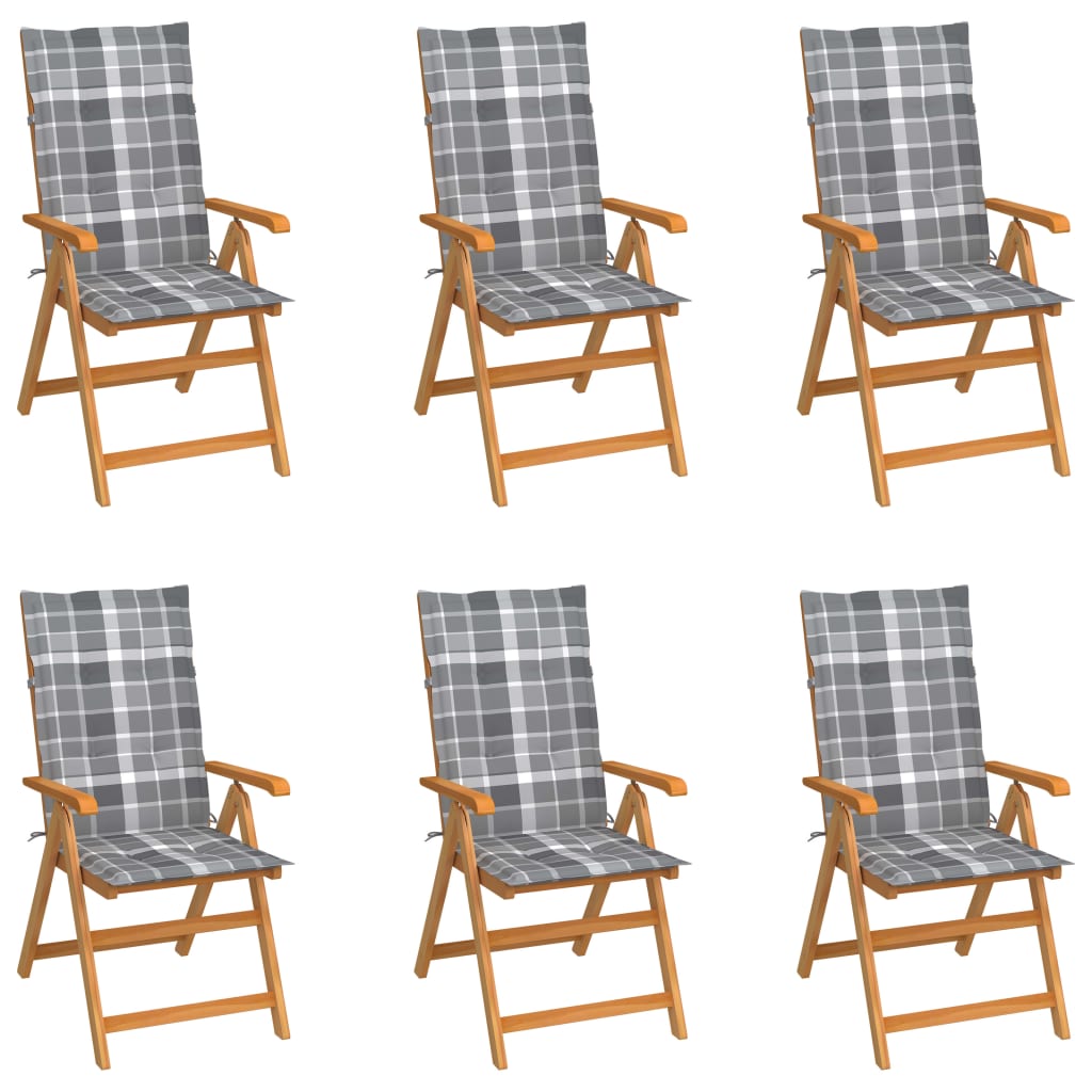 Vidaxl Garden Chairs, 6 Pcs, With Grey Checkered Cushions, Teak