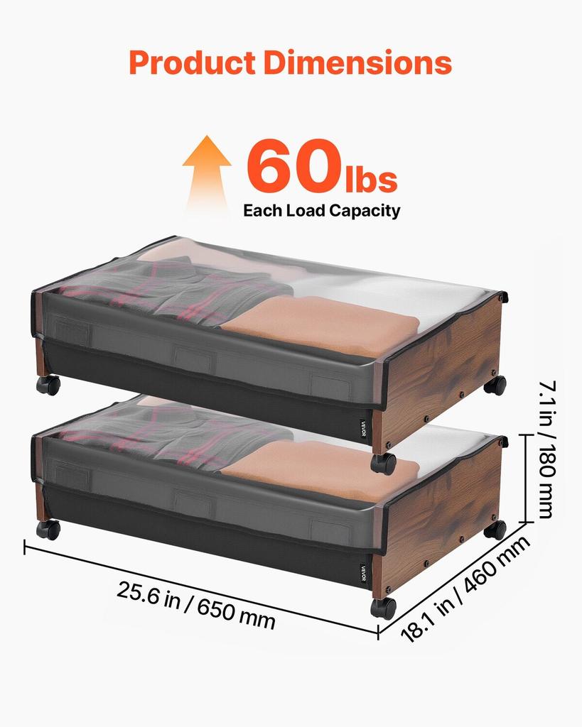 Aufbewahrung unter dem Bett mit Rädern, 650 x 460 x 180 mm Unterbettbehälter, Schuhaufbewahrung unter dem Bett mit abschließbaren Rädern, Rollende Aufbewahrung unter dem Bett