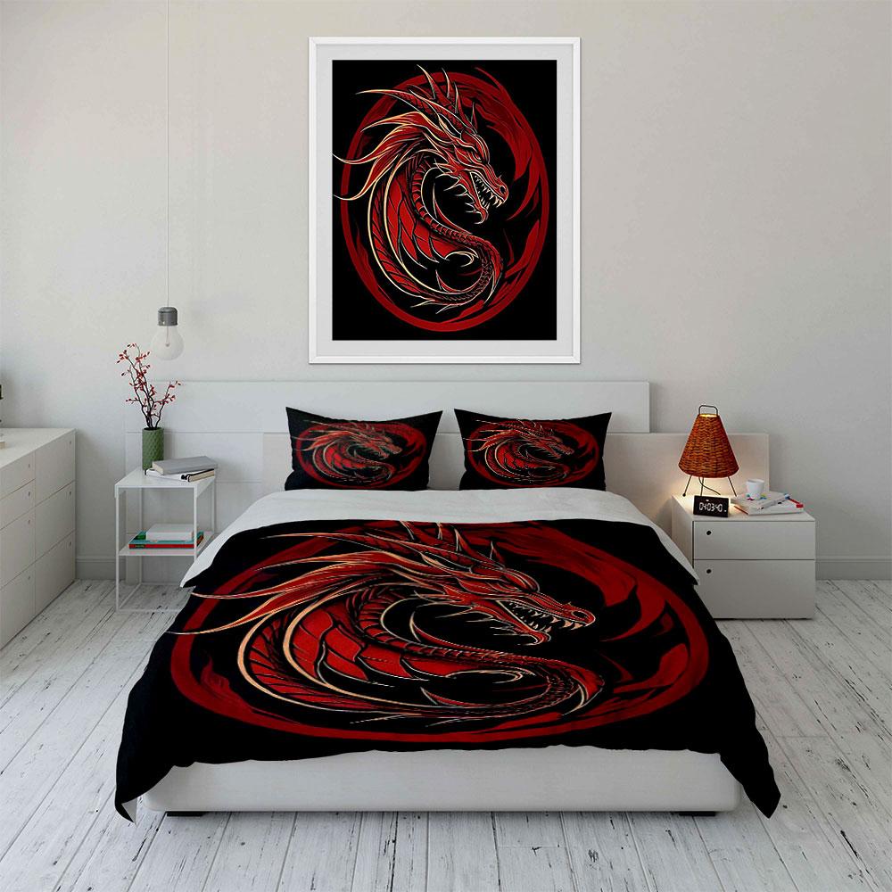 3Pcs Red Chinese Dragon Circular Frame Duvet Cover SetBlack Base Oriental Lucky Bedding with 1 Duvet Cover 2 PillowcasesGift