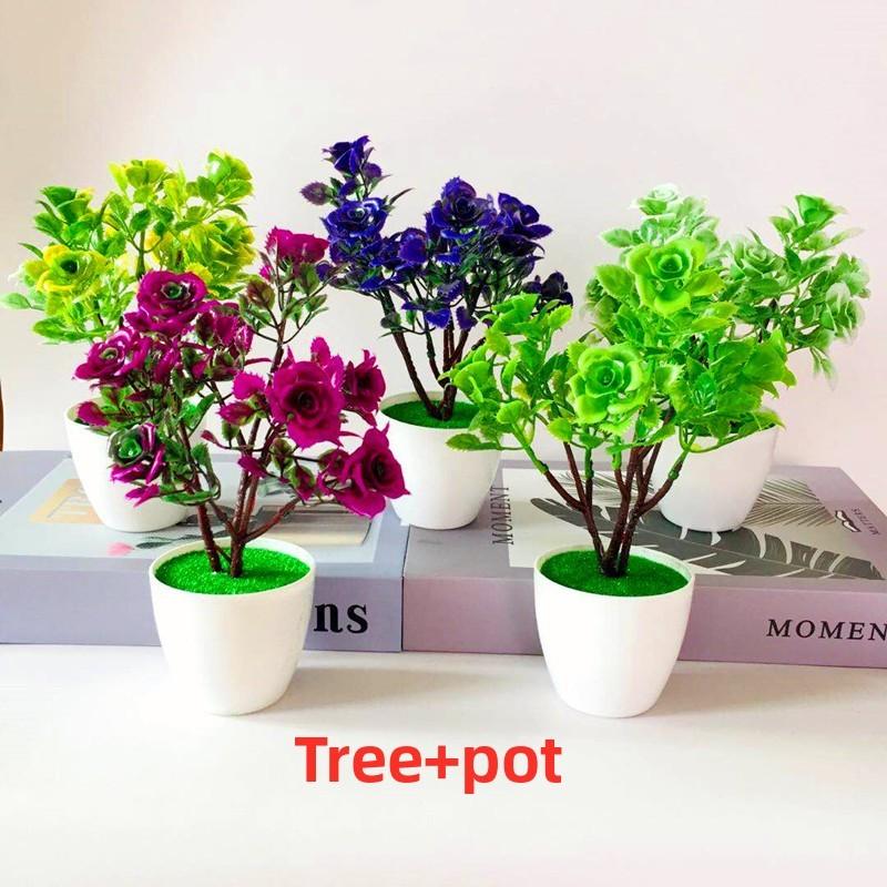 Plastic Multicolor Simulation Rosa Chinensis  Artificial Flower Potted Plants