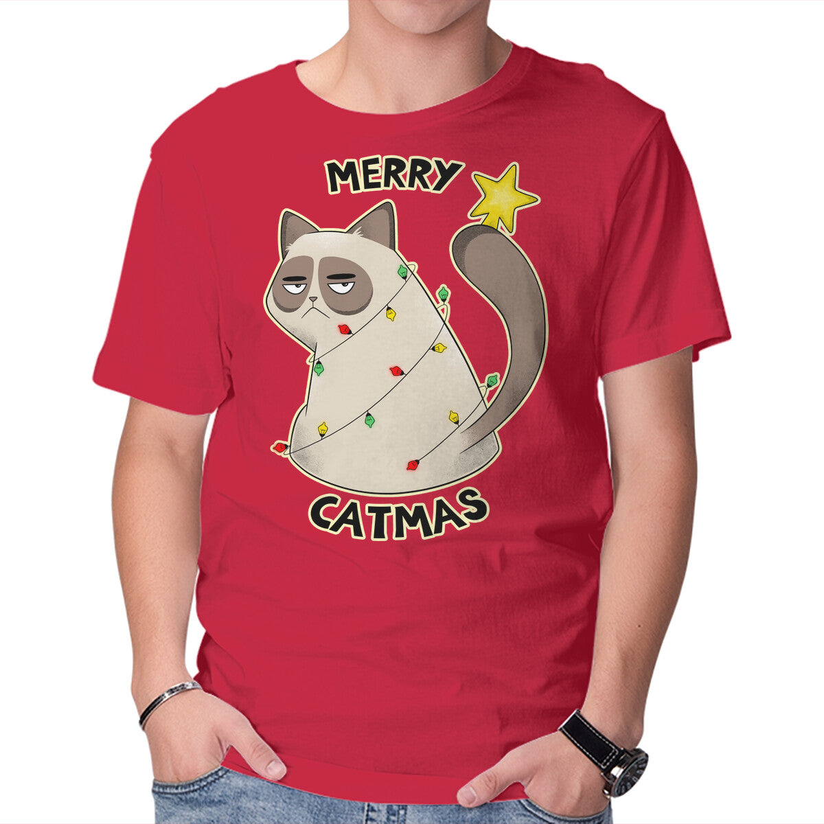 Unisex Crew Neck T-Shirt A Merry Catmas Graphic Short Sleeve Casual Tee XXXL