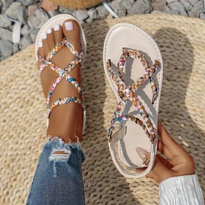 Fashion Colored Woven Women's Sandals, Round Headed Flat Toe Sandals, Slim Strap Combination Flat Bottom Sandals