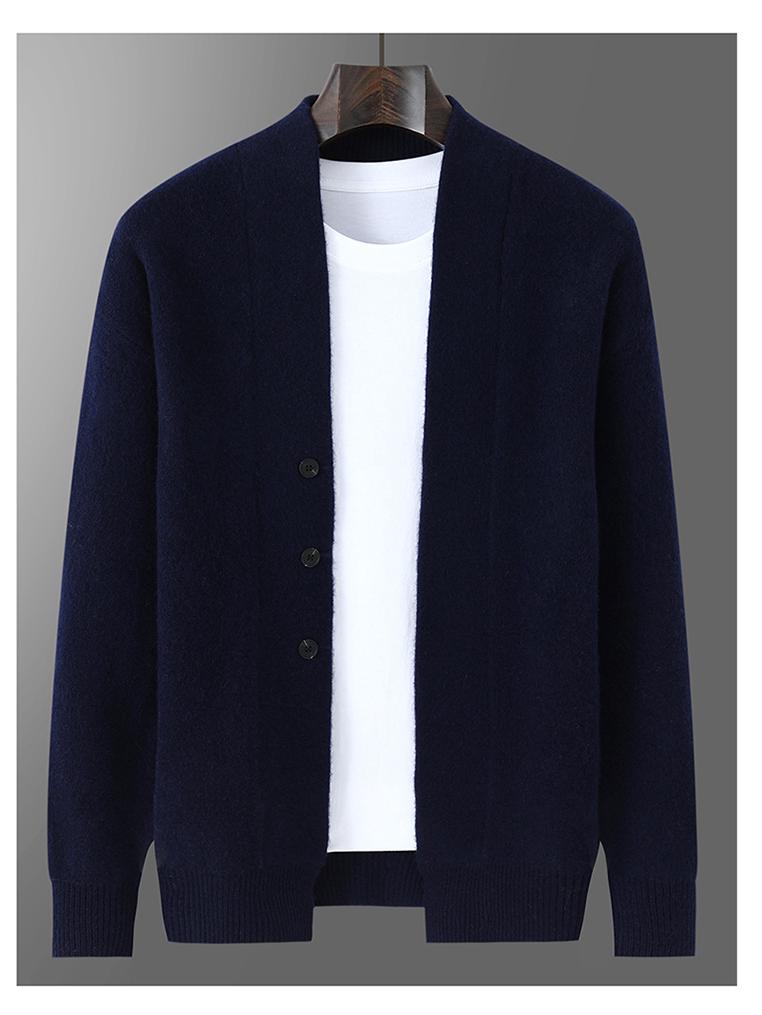 Men's 100% Pure Wool Thick Solid Cardigan Sweater, Plus Size Casual Knitwear Jacket