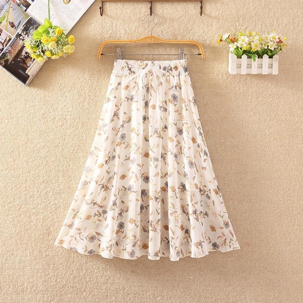 Qooth Women A Line Flower Chiffon Skirt Wide Hem Mid Length Elastic Waist Casual Skirt QT2665