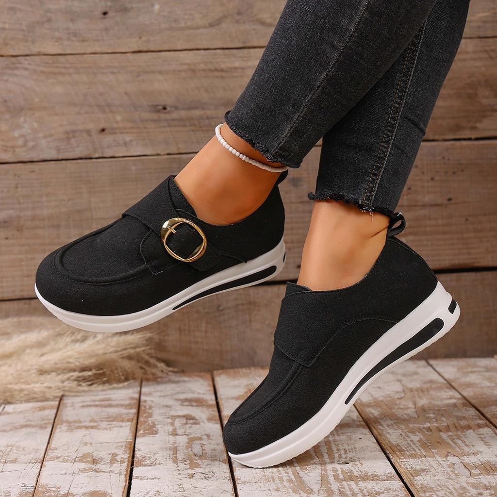 Thick Sole Belt Buckle Loafers for Women – Spring/Autumn New Round Toe Casual Large-Size Footwear