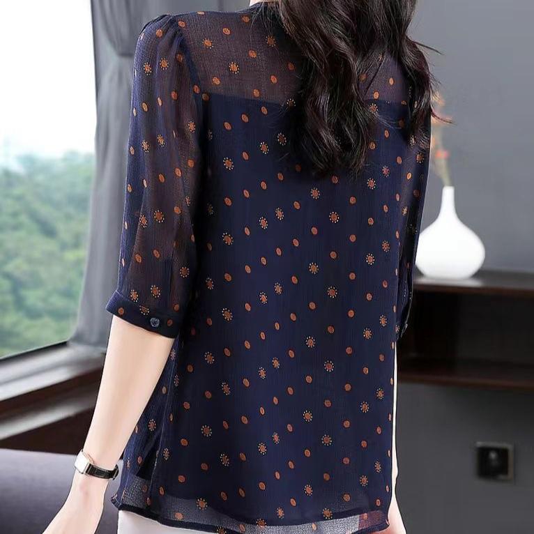 Polka Dot Chiffon Seven Quarter Sleeved Shirt for Women Summer Printed Plus Size Mid Sleeved Shirt Fashionable and Stylish Top