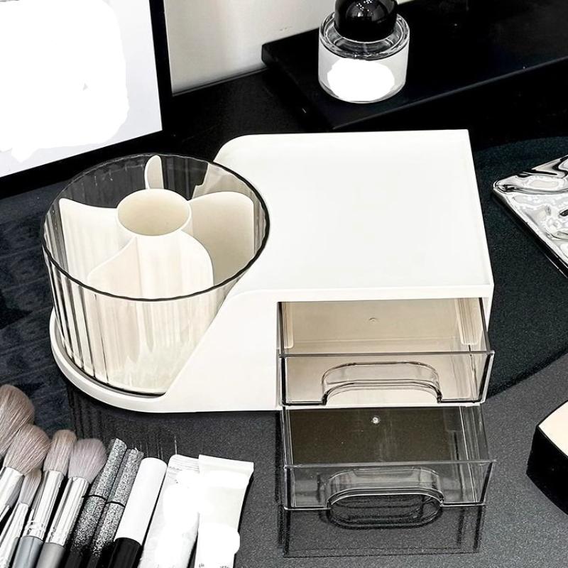 2-In-1 Rotating Pen Holder Rotating Desktop Organizer Storage Box With Drawer Plastic Pen Holder Cosmetic Storage Box