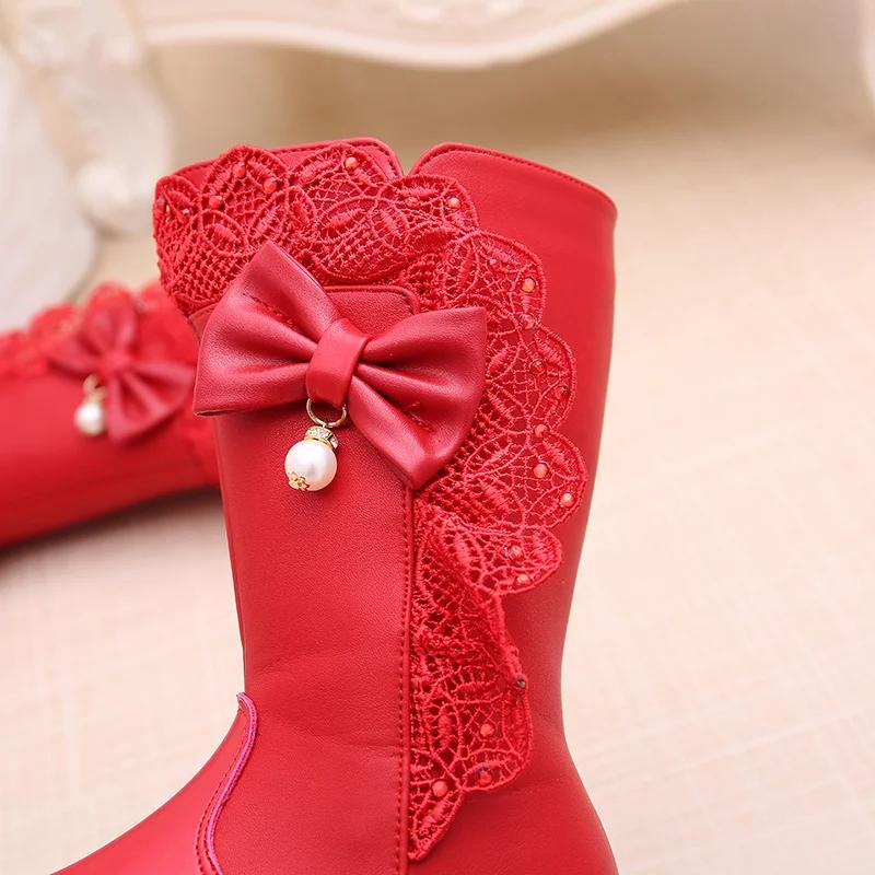 Baby Girls Comfortable Casual Plus Velvet Bow Beaded Lace Warm ZIP Autumn/winter Round Head Daily Kids Mid-calf Children's Boots