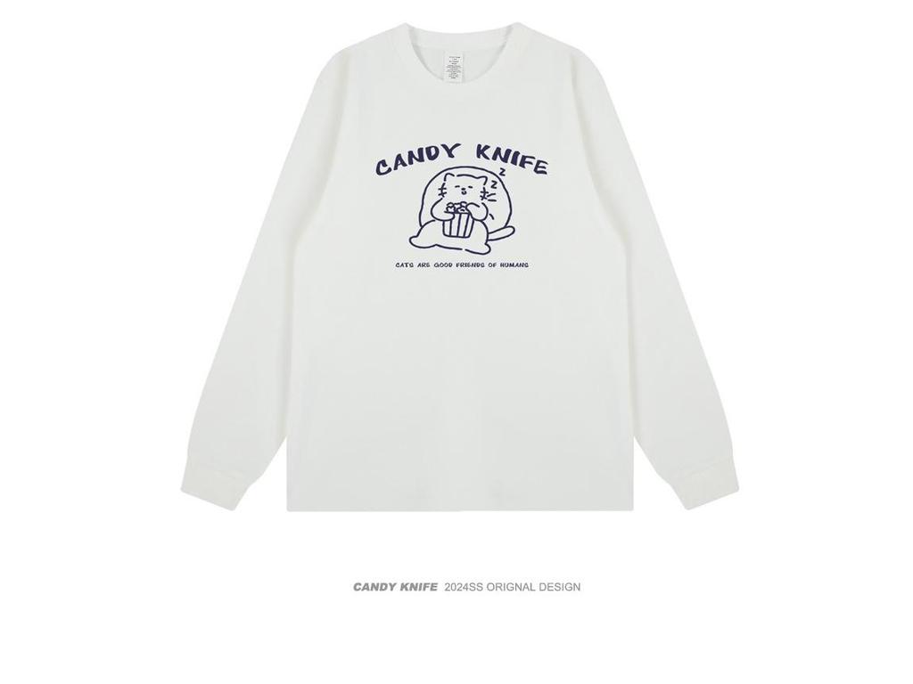 Trendy Korean Cartoon Print Long Sleeve T-Shirt - Pure Cotton, Loose Fit