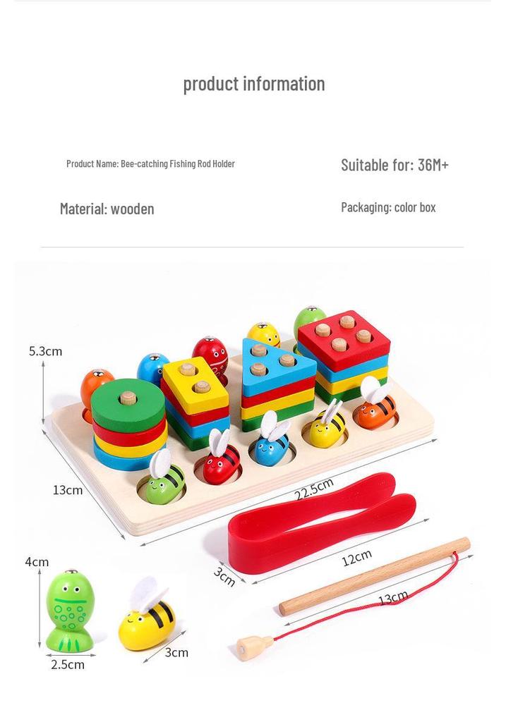 Three-in-One Wooden Fishing Bee Game: Educational Geometric Shape Matching Toy for Children