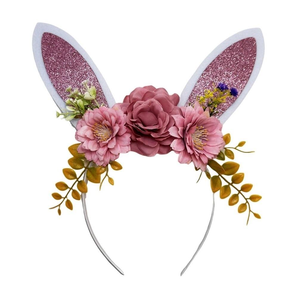 

Floral Rabbit Ears Headbands Non-slip Happy Easter Headdress Costume Party Accessories темно-рожевого кольору
