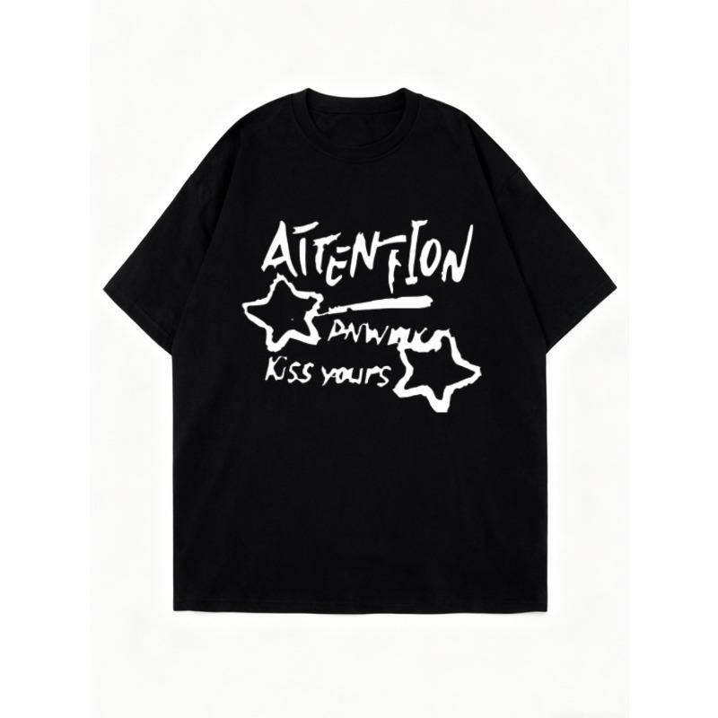 Oversized T Shirt Black Attention Dww Kiss Yours Star Print Graphic Tee Casual Streetwear Fashion Women Summer Top