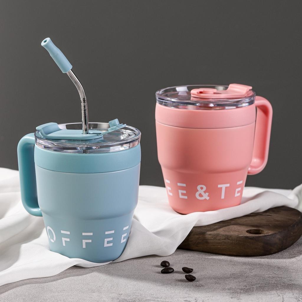 Wake Up Coffee Cup Handle Straw Cup Stainless Steel Coffee Cup Thermos Cup Men's and Women's Water Cups Office Mugs