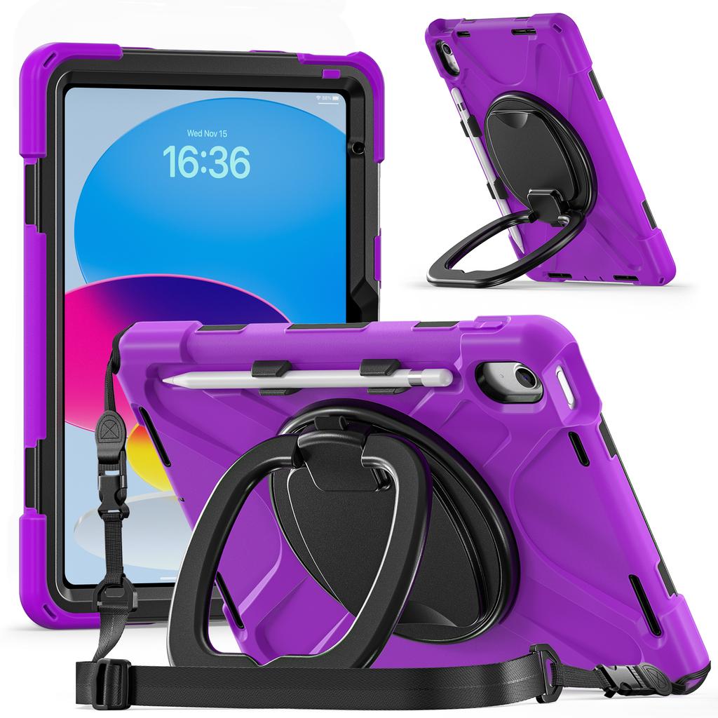 For iPad (2025) / 10.9 (2022) Case with Shoulder Strap TPU + PC + Silicone Kickstand Tablet Cover