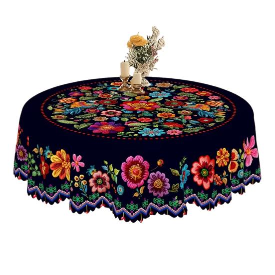 Mexican Floral Tablecloth Round Table Cover with Scalloped Edge Colorful Flower Folk Art Pattern
