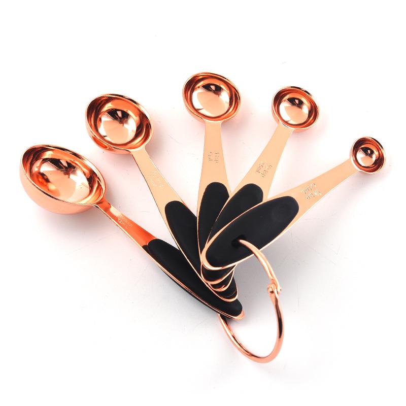 Rose Gold Measuring Set: Stainless Steel 10-Piece Spoons, 16-Piece Spoons, Silicone 5-Piece Set, and Measuring Cups In Stock.