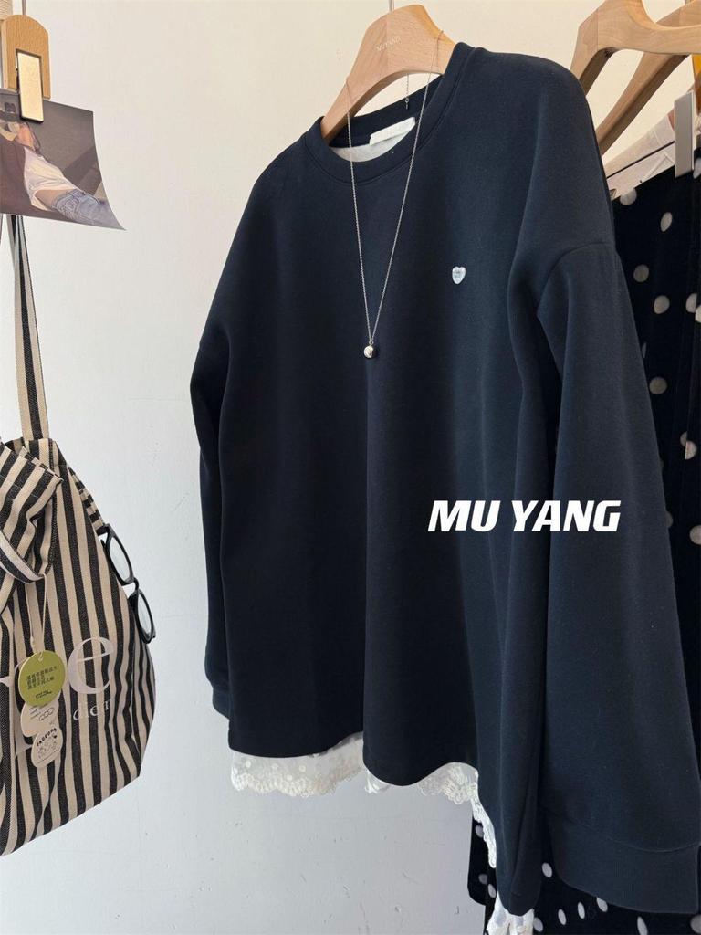 Women's Korean Lace Trim Round Neck Fleece Sweatshirt - Winter Mid-Length Loose Fit